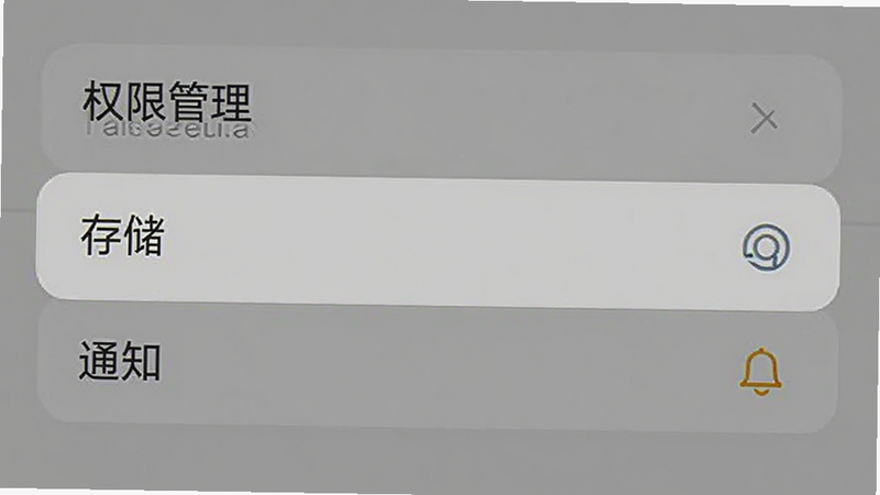 手机设置界面截图,高亮显示“权限管理”中的“存储”和“通知”选项,背景为灰色,清晰可见,高清,简洁