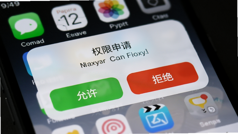手机弹窗提示“权限申请”,显示“允许”和“拒绝”按钮,背景为模糊的手机界面,焦点在按钮上,高清,清晰