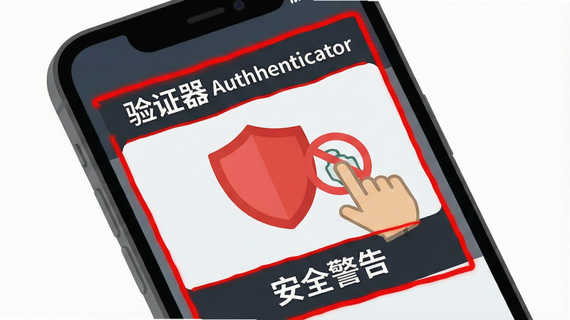 主体为一部智能手机,屏幕显示“验证器Authenticator”的警告界面,红色盾牌图标,旁边有手指点击禁止标志,布局中心突出警告信息,排版紧凑,风格为警示性扁平风,细节处有红色边框强调,画质清晰,干净,无多余元素,文字“验证器Authenticator”清晰可见,文字“安全警告”清晰可见
