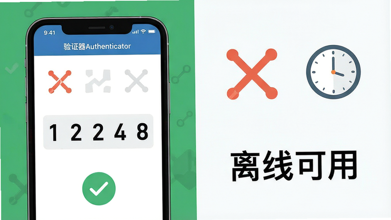 主体是一部智能手机,屏幕显示“验证器Authenticator”应用,界面上有一个大号六位数字,背景是断网图标和时钟图标,布局左右分割,左侧为手机,右侧为功能图标,排版整齐,风格为扁平化设计,细节处有绿色对勾表示成功,画质清晰,干净,无多余元素,文字“验证器Authenticator”清晰可见,文字“离线可用”清晰可见
