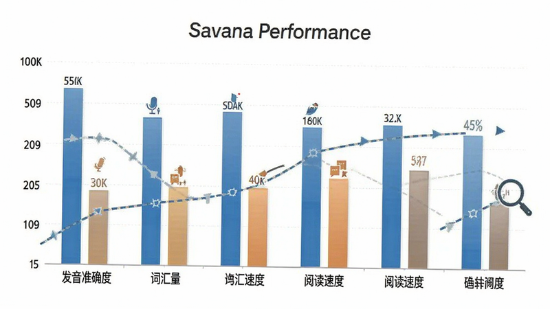 主体为软件功能对比图表,布局为柱状图展示不同维度得分,排版直观清晰,风格商务简洁,细节包含“发音准确度”、“词汇量”、“阅读速度”等标签,文字显示“Savana Performance”,画质清晰,数据可视化效果好,无多余装饰