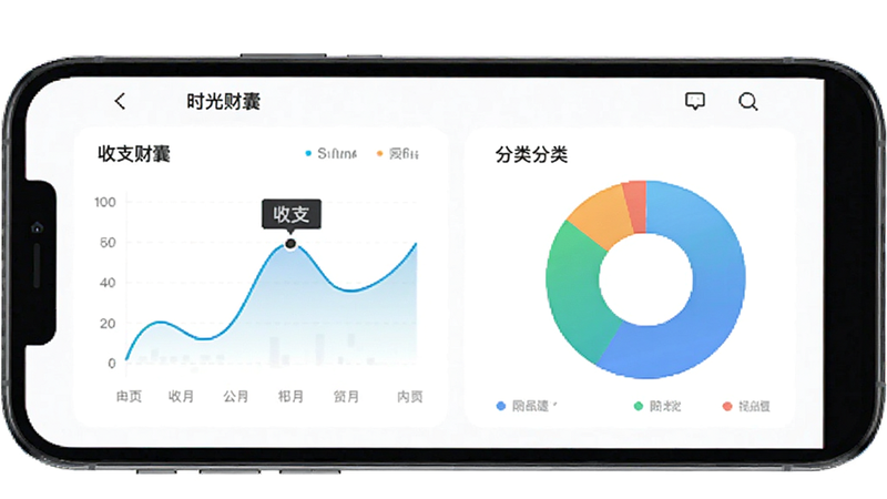 主体为手机屏幕界面,显示“时光财囊”APP的主页布局,包含收支曲线图和分类饼图,排版整洁有序,采用扁平化设计风格,细节处体现数据可视化元素,画质清晰,干净无多余元素,文字内容包含