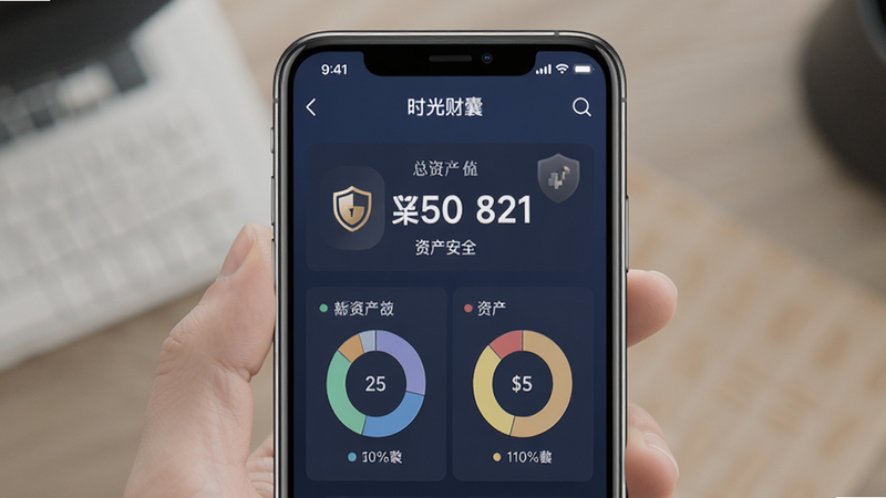 主体为手机界面,展示“时光财囊”的资产总览页面,显示总资产数字和各类资产占比,布局居中,风格稳重专业,细节体现安全盾牌图标,画质清晰,干净,文字内容包含
