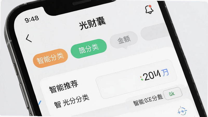 主体为手机界面特写,展示“时光财囊”的记账页面,重点突出分类标签和金额输入框,布局简洁,风格现代简约,细节显示智能推荐提示,画质高清,干净,文字内容包含