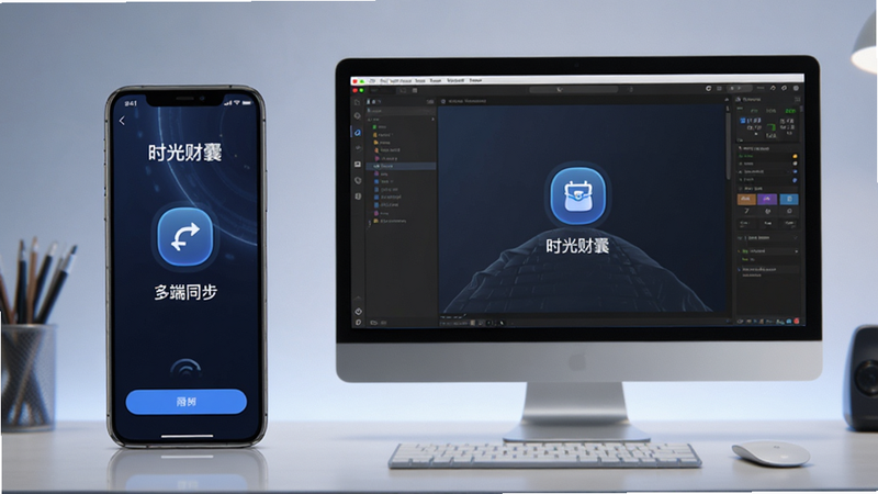 主体为手机与电脑屏幕组合场景,展示“时光财囊”在移动端的界面和模拟器的运行状态,布局对比鲜明,风格科技感十足,细节体现同步图标,画质清晰,干净,文字内容包含