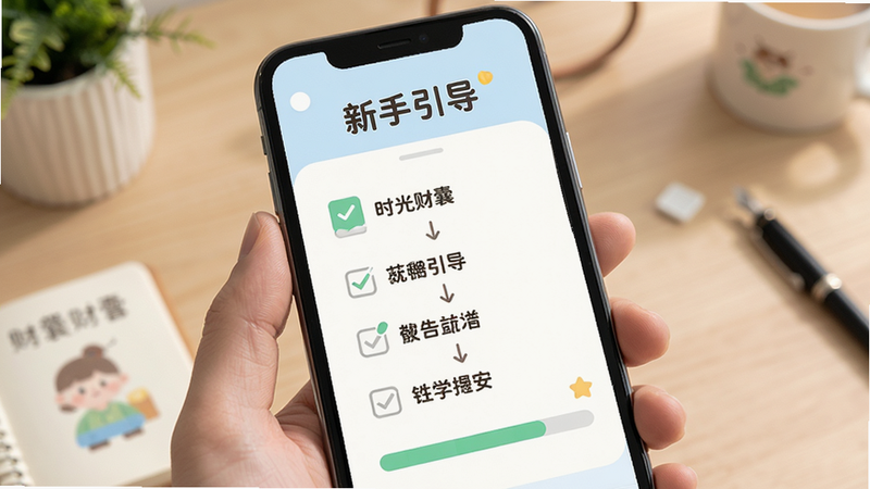 主体为手机教程界面,展示“时光财囊”的新手引导流程,布局步骤化,风格友好亲切,细节显示勾选框和进度条,画质清晰,干净,文字内容包含