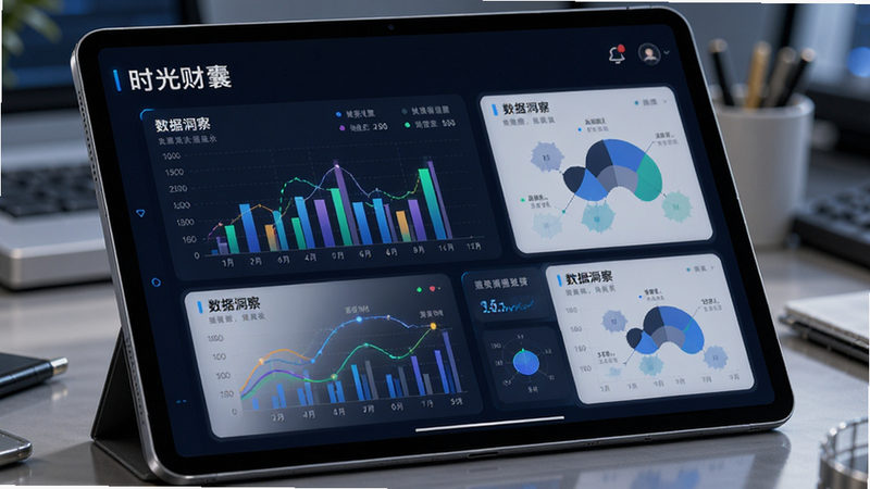 主体为平板电脑屏幕,显示“时光财囊”的数据分析界面,包含多个图表模块,排版清晰,风格科技感强,细节体现数据对比效果,画质精细,无杂乱背景,文字内容包含