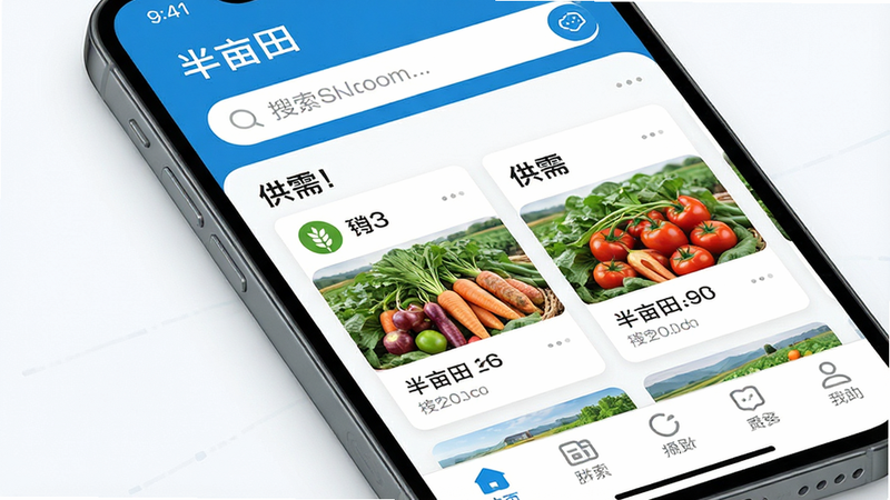 主体为手机屏幕特写,显示“半亩田”APP首页界面,布局清晰包含顶部搜索栏、中部供需列表卡片、底部导航栏,排版整齐,风格为清新田园风搭配科技蓝点缀,细节处有绿色麦穗图标和高清农产品图片,画质8k,干净无多余元素,文字“半亩田”清晰可见