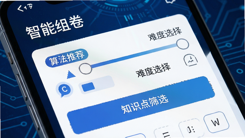 主体为手机界面特写,展示“智能组卷”功能模块,布局包含“难度选择”、“知识点筛选”按钮,排版紧凑,风格科技感强,细节显示算法推荐标签,背景为深蓝色科技风,画质清晰,干净,无多余元素