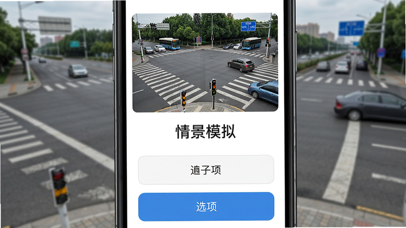 主体为手机屏幕,显示“情景模拟”题目,布局上方为交通路口实景照片,下方为选项按钮,排版直观,风格写实,细节包含道路标线与车辆位置,背景为真实道路环境,画质逼真,干净,无多余元素