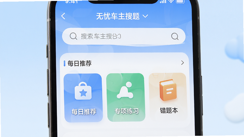 主体为手机屏幕界面,显示“无忧车主搜题”App首页,布局清晰,顶部有搜索栏,中部为“每日推荐”、“专项练习”、“错题本”三个主要模块图标,排版整齐,风格简约现代,细节丰富,背景为浅蓝色渐变,画质高清,干净,无多余元素