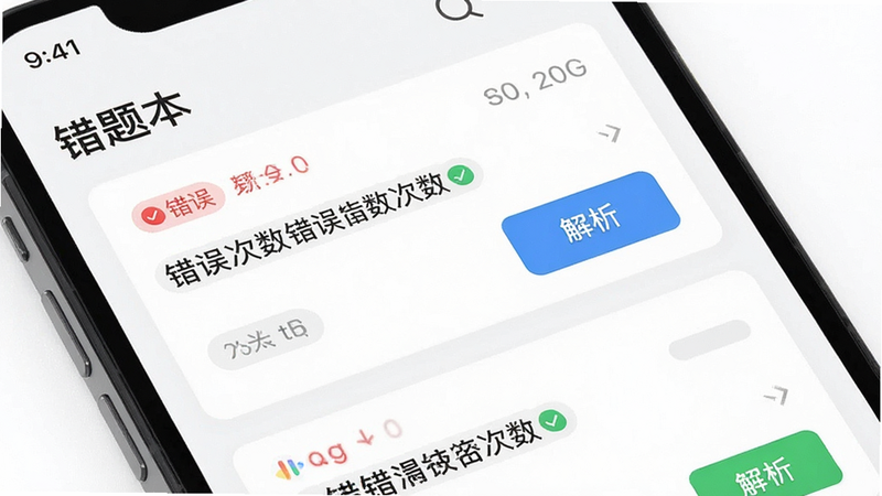 主体为手机界面,展示“错题本”列表,布局包含错题卡片、错误次数标记、解析按钮,排版清晰,风格简约,细节显示红色错误标识与绿色正确标识,背景为白色,画质高清,干净,无多余元素