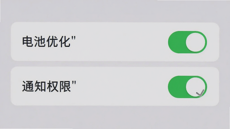 展示手机端设置界面,主体为“电池优化”和“通知权限”的开关选项,布局清晰,开关处于开启状态,背景为浅灰色,风格扁平化,细节处有勾选标记,画质清晰,干净,无多余元素,文字必须加引号