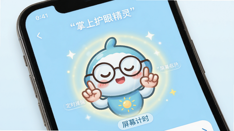 主体为一款名为“掌上护眼精灵”的手机应用界面展示图,布局采用清爽的浅蓝色背景,中央突出显示一个可爱的卡通护眼精灵形象,它戴着圆框眼镜,双手比出休息手势,周围环绕着柔和的光晕效果,排版简洁大方,风格清新治愈,细节处有清晰的文字标签“定时提醒”、“屏幕计时”,画质高清,干净,无多余元素,文字必须加引号