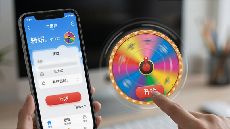 大转盘小决定快速启动演示图,手机屏幕显示APP主界面,手指正在点击红色的“开始”按钮,转盘呈现动态模糊效果暗示高速旋转,背景虚化,突出操作便捷性,真实摄影风格,细节清晰,干净无杂物