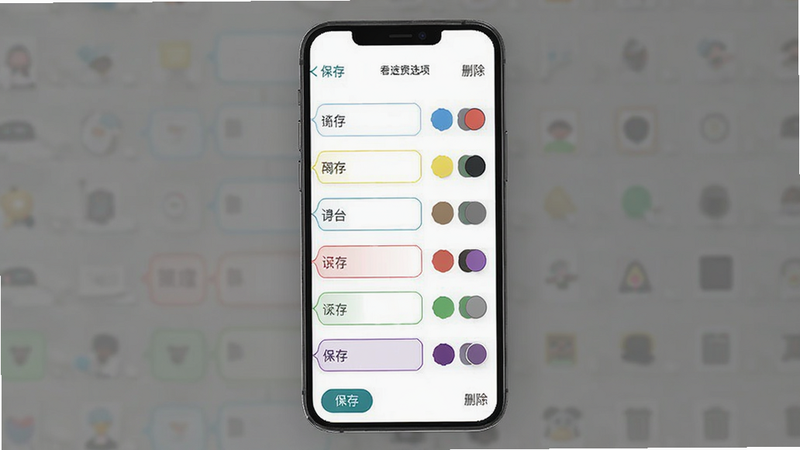 大转盘小决定自定义选项设置界面,手机屏幕显示列表编辑页,多个彩色标签行,每行左侧为文字输入框,右侧为颜色选择器,界面排版整齐,左侧有“保存”按钮,右侧有“删除”图标,UI设计现代简约,文字清晰可读,高清渲染
