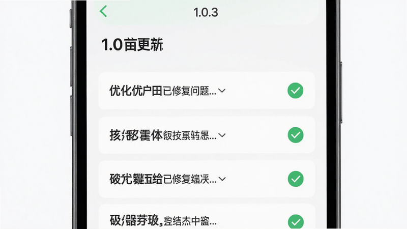 主体为半亩田APP更新日志界面,布局为垂直列表式,顶部显示版本号1.0.3,下方逐条列出优化项,排版工整清晰,风格为简约科技风,细节处用绿色对勾标记已修复问题,画质清晰,干净无多余装饰