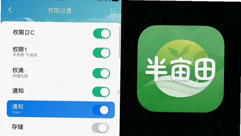 主体为手机设置界面与半亩田APP图标结合的画面,布局为左右分栏,左侧为详细的权限开关列表,右侧为半亩田APP的高清图标,排版简洁清晰,风格为科技感与商务风结合,细节处高亮显示“通知”与“存储”权限,画质高清,干净无干扰元素