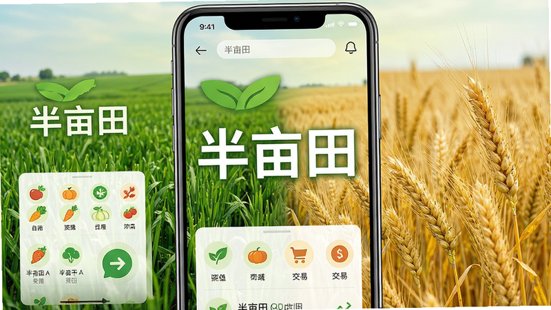 主体为半亩田APP手机界面展示图,布局采用中心对称构图,中心位置清晰显示“半亩田”三个大字,背景为清新自然的绿色农田与金色麦浪融合场景,排版整洁有序,风格为扁平化设计结合写实摄影元素,细节处包含农产品图标与交易符号,画质超高清,干净无多余元素,无水印