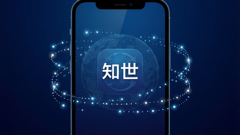 主体为深蓝色渐变的智能手机屏幕,屏幕中央显示应用图标“知世”及抽象化的地球网格背景,周围环绕着代表数据流的光点,布局居中对称,排版简洁大气,风格为现代科技极简主义,细节处有细微的光泽反射,画质4k高清,干净无多余元素,文字