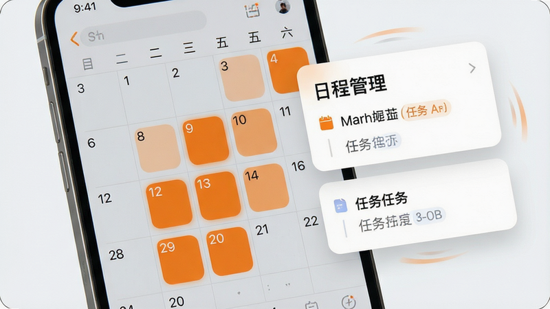 主体为手机日历界面,显示一周的日期网格,重点日期被高亮标记为橙色,旁边有悬浮的任务卡片,布局为左右分栏,排版整齐,风格为现代商务风,细节处有平滑的转场动画效果示意,画质高清,干净无多余元素,文字