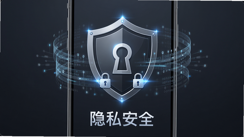 主体为一个盾牌形状的图标位于手机屏幕中央,盾牌内部有锁孔图案,周围环绕着半透明的数据流,背景为深灰色,布局中心对称,排版稳重,风格为安全防护主题,细节处有锁止的光效,画质精细,干净无多余元素,文字