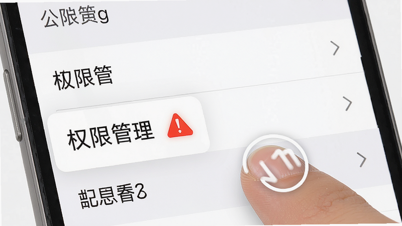 主体为手机设置界面截图,高亮显示“权限管理”选项,旁边有一个红色的警示图标,布局为列表形式,排版清晰,风格为系统设置UI,细节处有手指点击的示意动画,画质清晰,干净无多余元素,文字