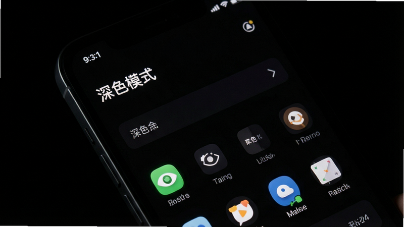 主体为手机屏幕展示深色模式界面,背景为纯黑色,文字为白色,图标为亮色,布局简洁,排版宽敞,风格为夜间护眼风格,细节处有柔和的对比度调节,画质高保真,干净无多余元素,文字