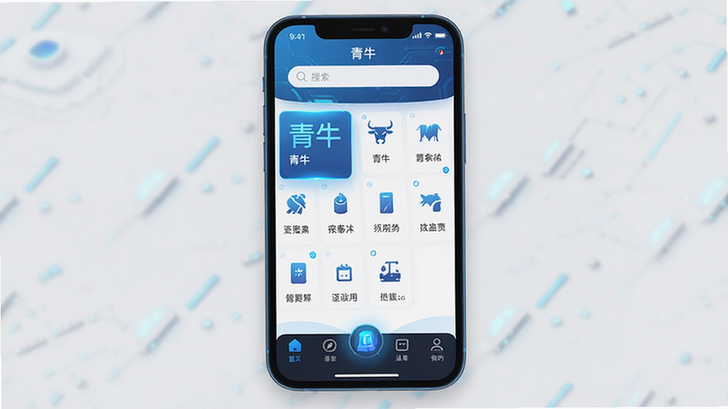 一张高清手机应用界面展示图,主体为名为“青牛”的APP主界面,布局清晰,顶部为搜索栏,中间为功能网格,底部为导航栏,风格现代简约,扁平化设计,细节处体现科技蓝光效,画质4K,干净无多余元素,文字“青牛”清晰可见