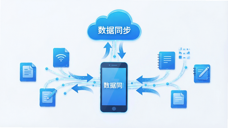 云端同步概念图,中间为手机图标,上方连接云朵,周围环绕文档和笔记图标,箭头表示双向流动,风格科技感,蓝色调为主,细节体现数据流动线条,画质清晰,干净,文字“数据同步”