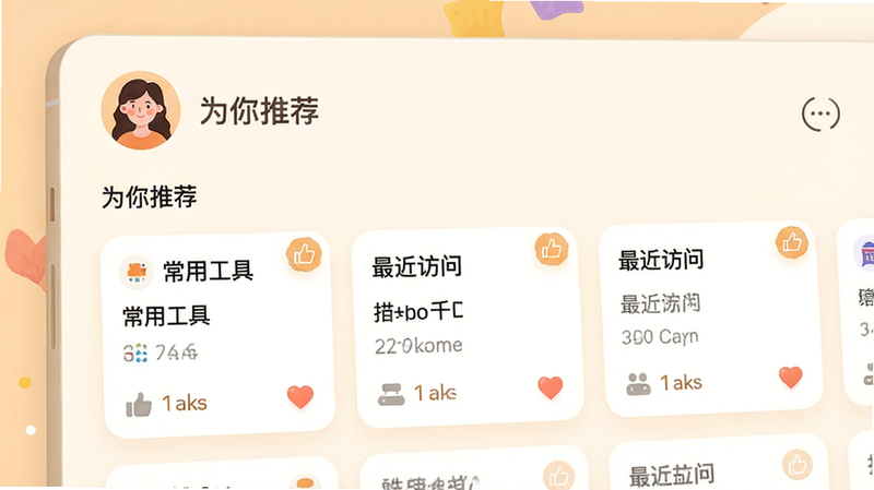 个性化推荐界面,展示用户头像和推荐卡片,卡片内容包括常用工具、最近访问,布局流畅,风格温馨,细节体现点赞图标,画质高清,干净,文字“为你推荐”