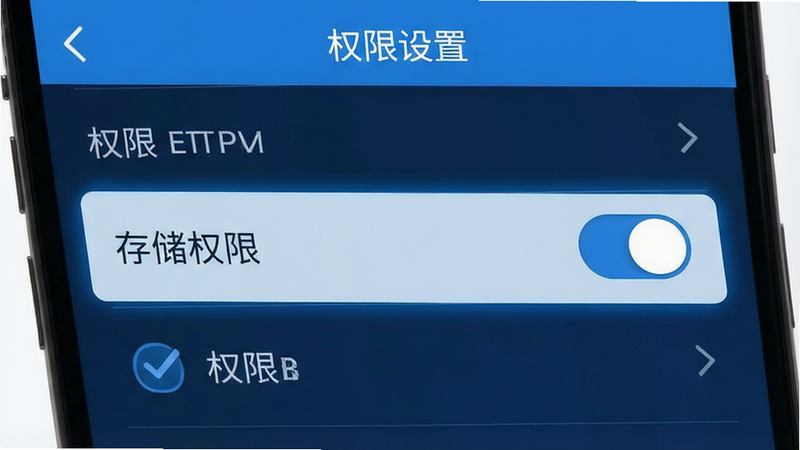 手机设置界面示意图,展示权限管理页面,高亮显示存储权限开关,风格简洁,蓝色为主色调,细节体现勾选框,画质清晰,干净,文字“权限设置”
