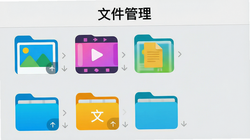 手机文件管理界面示意图,展示分类整齐的文件夹图标,如图片、视频、文档,背景为浅灰色,风格简洁,图标色彩鲜明,细节体现排序箭头,画质高清,干净,文字“文件管理”