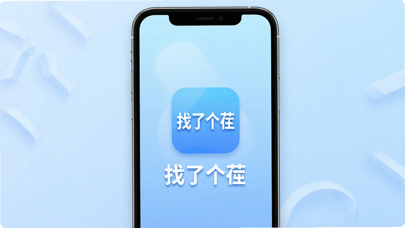 主体为一部直立展示的智能手机,屏幕中央显示“找了个茬”App的启动界面,背景为柔和的浅蓝色渐变,布局中心突出Logo,排版简洁现代,风格扁平化,细节包含细微的光影效果,画质高清,干净无多余元素,文字“找了个茬”清晰可见