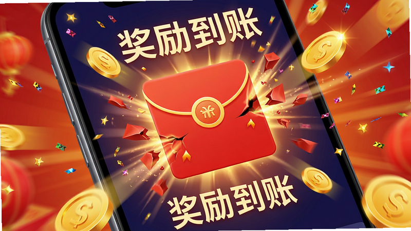 主体为手机屏幕特写,显示一个红色的红包图标正在爆裂,周围散落着金币和亮片,布局中心聚焦红包,风格喜庆活泼,细节包含动态的光效,画质高,干净,文字“奖励到账”醒目显示