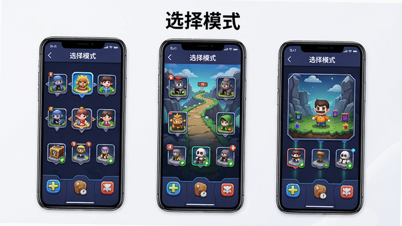 主体为三个并排的手机屏幕,分别展示不同的游戏模式界面,布局整齐划一,风格统一且色彩鲜明,细节处显示不同的关卡图标,画质清晰,干净,文字“选择模式”作为标题