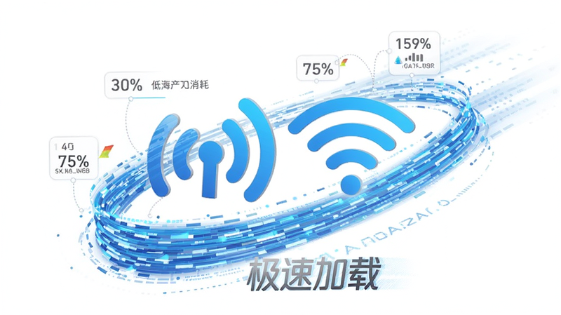 主体为一个手机信号图标和Wi-Fi图标,周围环绕着快速流动的数据流线条,布局简洁,风格科技感强,细节处显示低流量消耗的百分比,画质高,干净,文字“极速加载”清晰可见