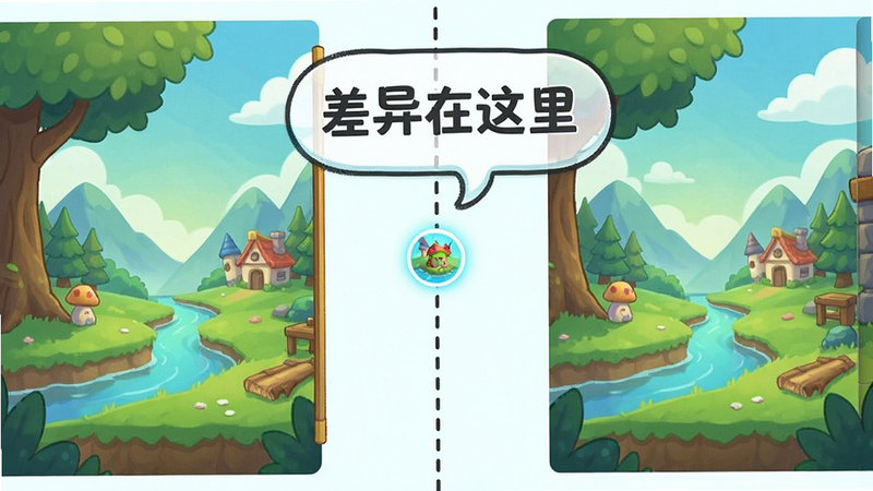 主体为游戏关卡界面,左侧和右侧各展示一张几乎相同的风景画,中间用虚线分隔,布局对称,风格卡通清新,细节处高亮显示一个微小的差异点,画质清晰,干净,文字“差异在这里”以气泡形式出现