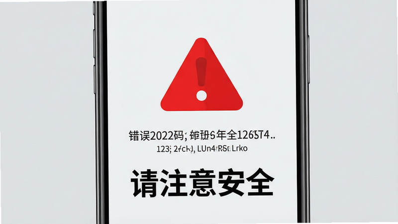 主体为一部手机屏幕,显示一个红色的警告图标,背景为浅灰色,布局中心突出警告信息,风格简洁警示,细节包含具体的错误代码,画质清晰,干净,文字“请注意安全”醒目显示