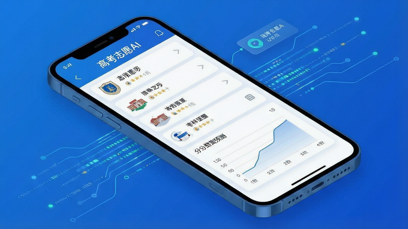 一张展示高考志愿AI应用界面的概念图,主体为手机屏幕,屏幕上显示着清晰的大学列表和分数预测图表,布局简洁现代,采用蓝白色调,排版整洁,风格科技感强,细节处有数据流元素,画质高清,干净无多余元素,文字标注