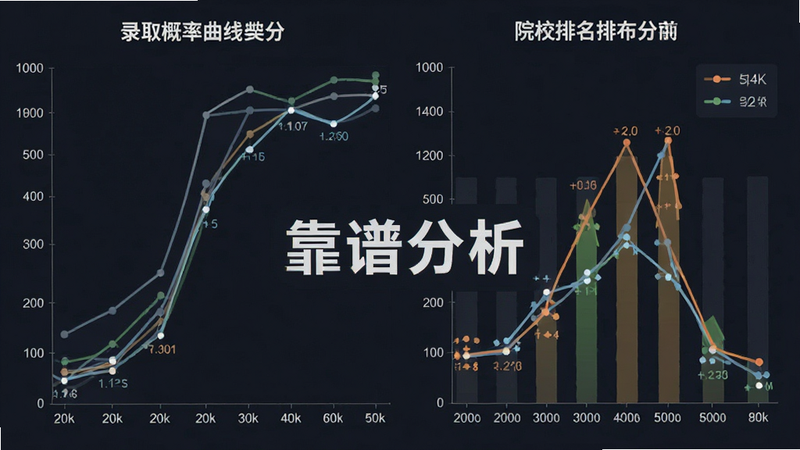 数据图表集合,展示录取概率曲线和院校排名分布,主体为图表,布局紧凑有序,风格专业分析,细节包含数据点标记,画质清晰,干净无背景干扰,文字标注