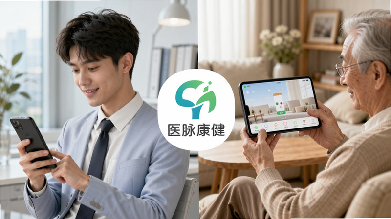 展示不同年龄段用户使用手机的场景拼图,左侧为年轻职场人,右侧为老年人在家使用大屏手机,中间是医脉康健的Logo,风格温馨和谐,体现全年龄段适用性