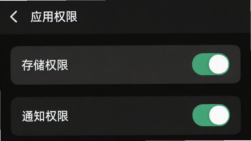 主体为手机设置界面截图,展示“应用权限”管理页面,高亮显示“存储权限”和“通知权限”开关,背景为深色模式,风格为系统原生UI,细节清晰,无多余图标,展示二维码生成美化器的权限设置教程