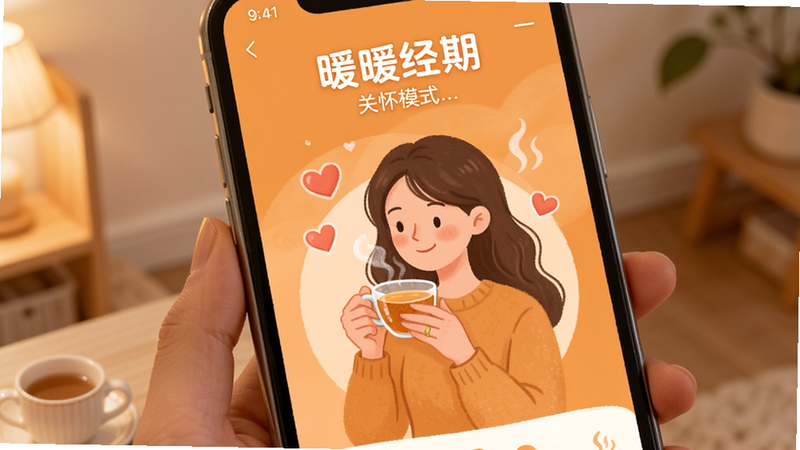 手机屏幕显示“暖暖经期”的关怀模式界面,背景为暖橙色,中央有一个正在喝热茶的女性插画,周围漂浮着爱心和蒸汽符号。布局温馨,排版舒适,风格治愈系,细节柔和,画质细腻,干净,无多余元素