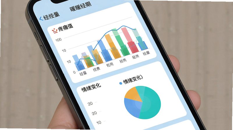 手机屏幕显示“暖暖经期”的数据统计页面,包含柱状图、折线图和饼图,分别展示经量、疼痛值和情绪变化。背景为浅蓝色,图表色彩鲜明但不过于刺眼。布局严谨,排版专业,风格数据化,细节精确,画质清晰,干净,无多余元素