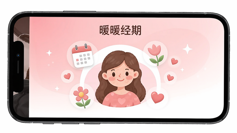 一部智能手机屏幕显示着名为“暖暖经期”的应用界面,背景是柔和的粉色与白色渐变。界面中央是一个温馨的女性卡通形象,周围环绕着日历图标、花朵图案和爱心符号。布局清晰,排版整洁,风格清新治愈,细节丰富,画质高清,干净,无多余元素