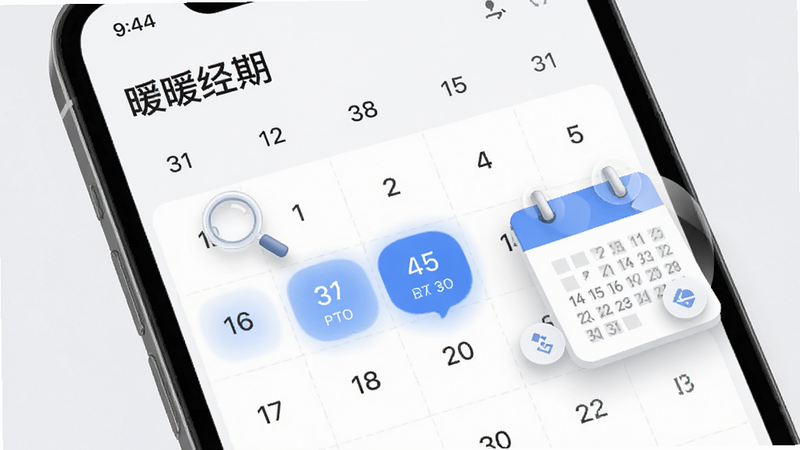 手机屏幕特写,显示“暖暖经期”应用中的日历界面,高亮显示预测的生理期日期,旁边有放大镜图标和日历翻页动画效果。背景简洁,突出数据准确性,风格现代简约,细节清晰,画质高,干净,无多余元素