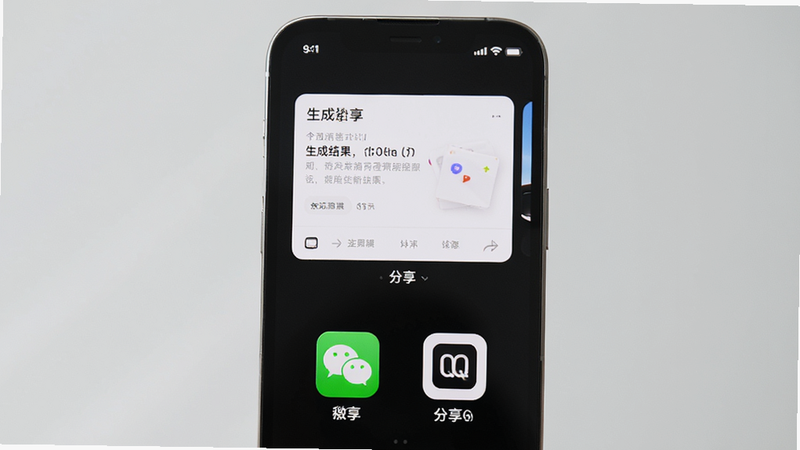 主体为手机屏幕显示分享界面,上方有生成的结果卡片,下方是微信和QQ的分享图标,背景简洁,排版规范,风格现代,细节准确,画质清晰,干净无多余元素