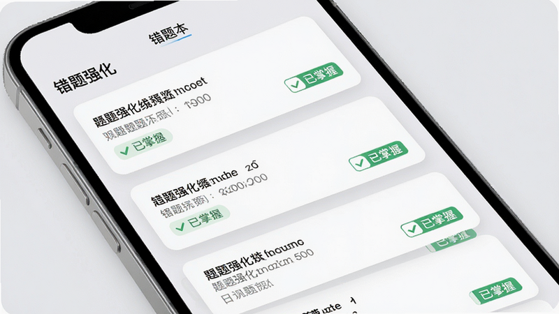 展示App内“错题本”界面的设计图,主体为列表形式的错题卡片,每张卡片包含题目摘要和“已掌握”标记,背景为浅灰色,布局整齐,排版舒适,风格简约现代,细节处有柔和阴影,画质高清,干净,文字内容包含“错题强化”