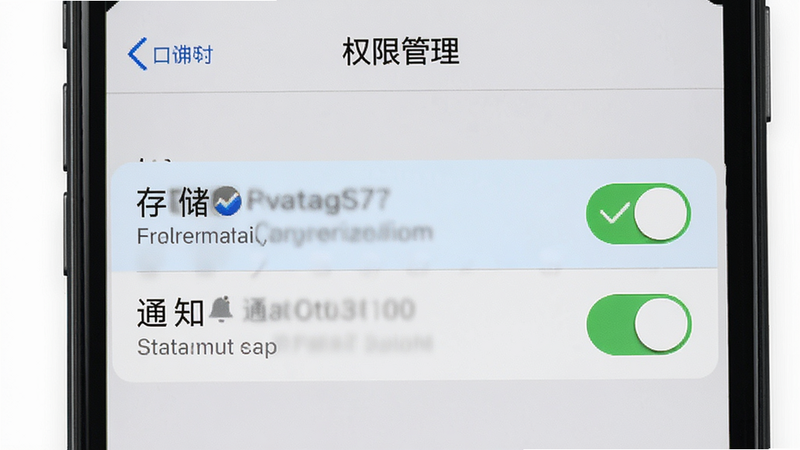 展示手机设置界面的模拟图,主体为权限管理页面,高亮显示“存储”和“通知”权限开关,布局清晰,风格系统原生,细节处有勾选标记,画质清晰,干净,文字内容包含“权限管理”